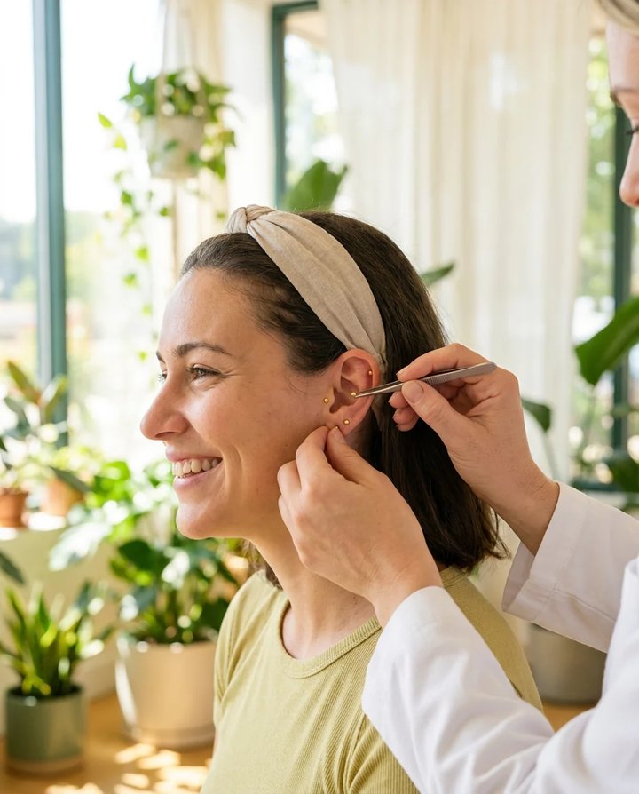 Sessão de auriculoterapia: sementes aplicadas em pontos da orelha