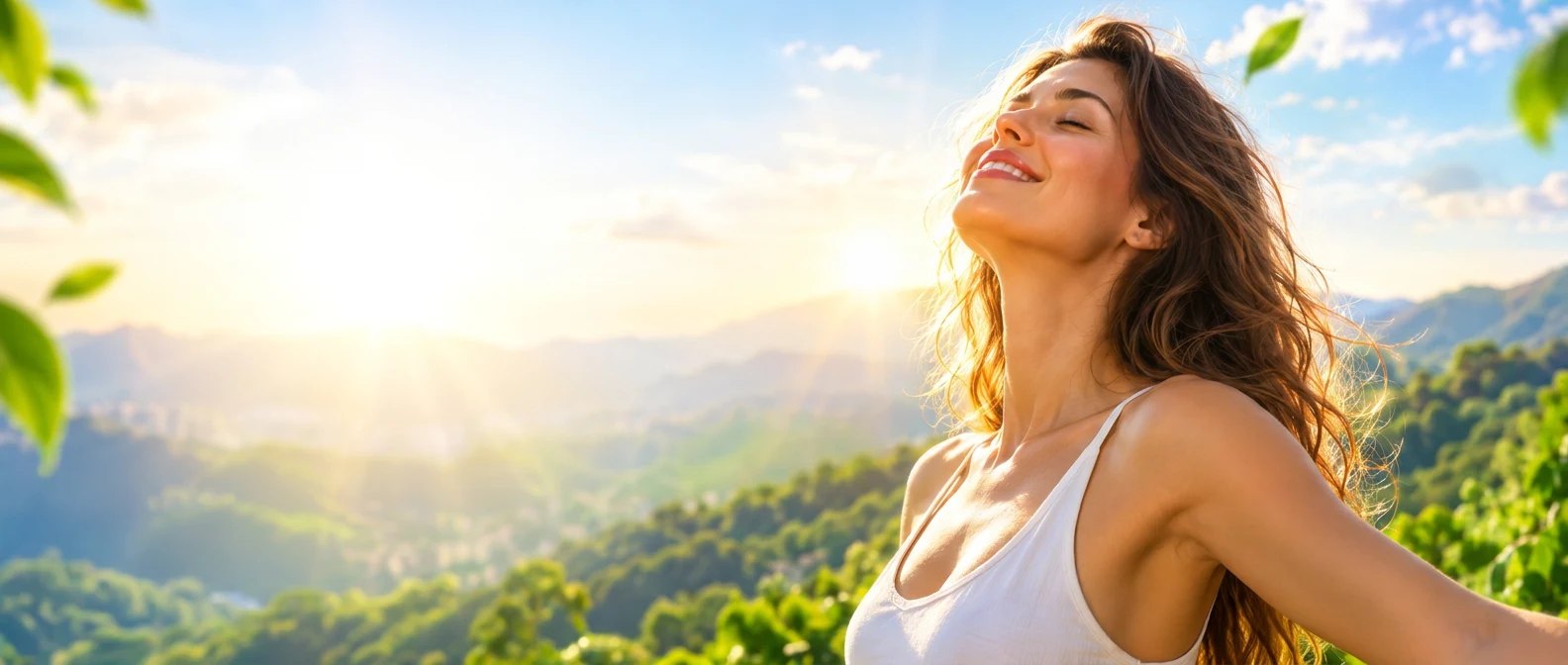 Mulher sorrindo de olhos fechados, com o rosto erguido pro sol, cercada de natureza