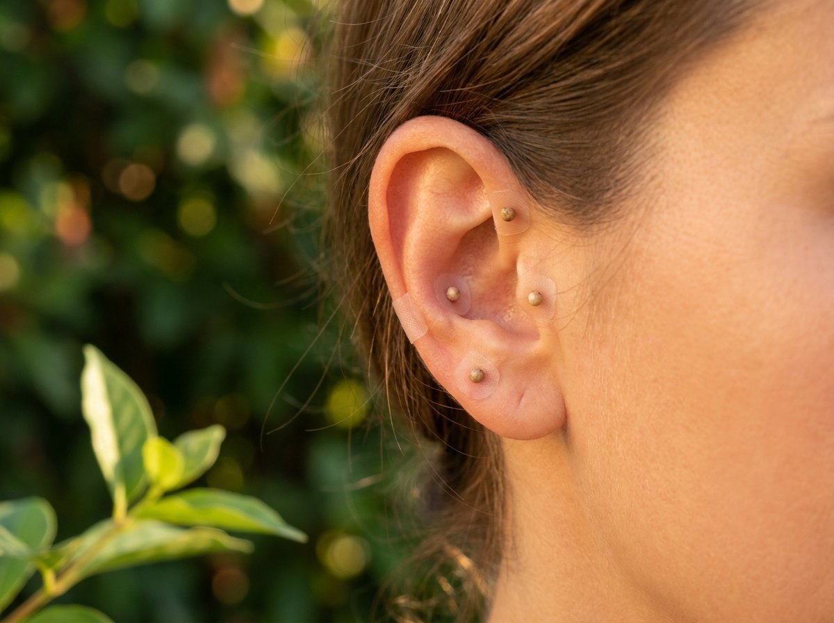 Orelha com sementes de auriculoterapia nos pontos