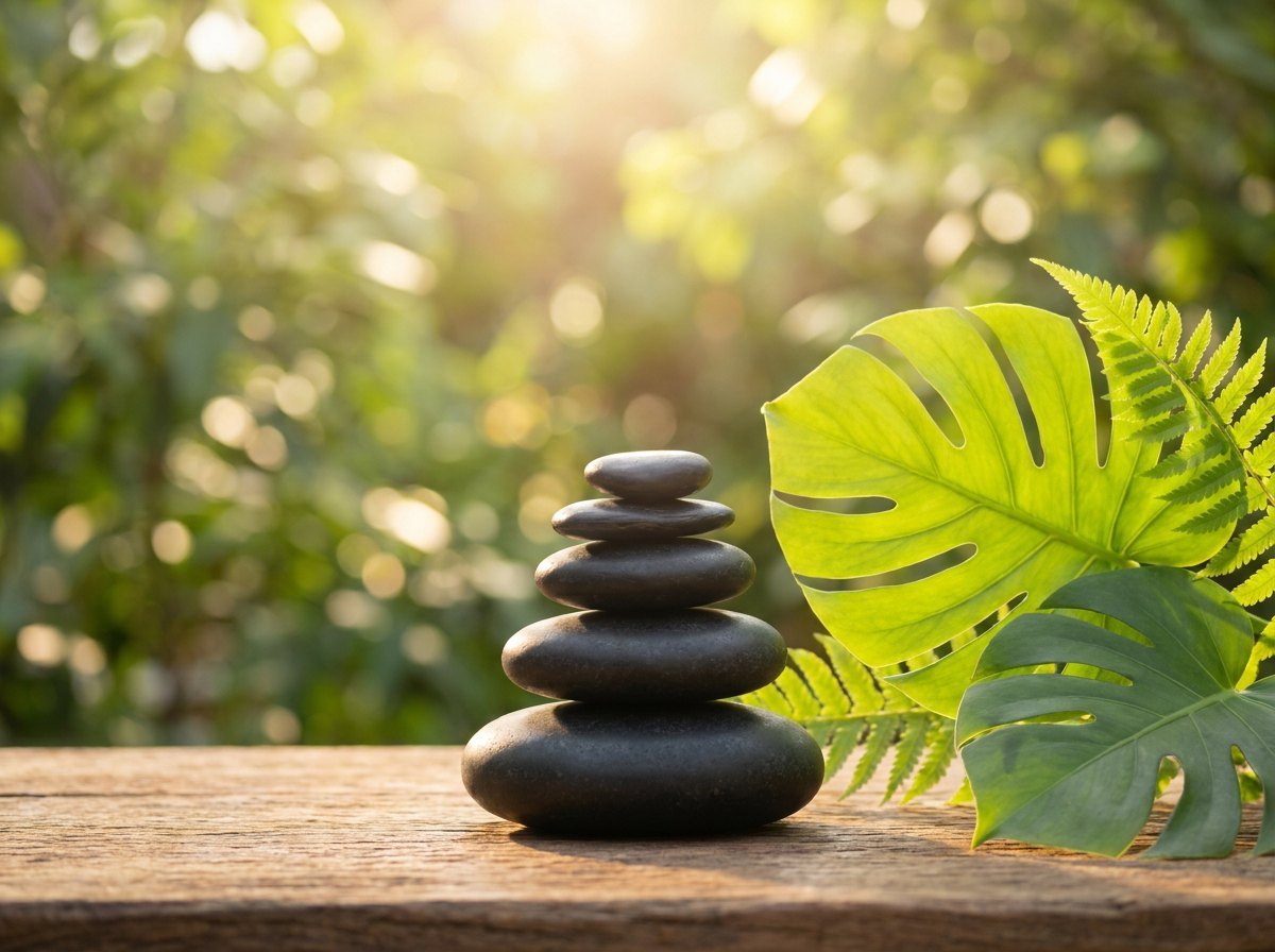 Pedras de massagem e folhas verdes