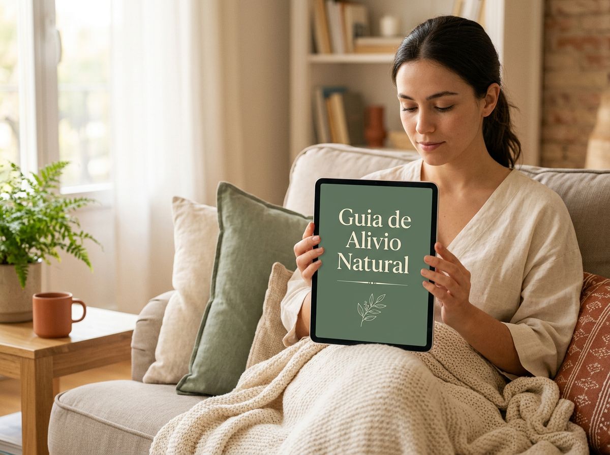 Mulher relaxada no sofá lendo o Guia de Alívio Natural num tablet