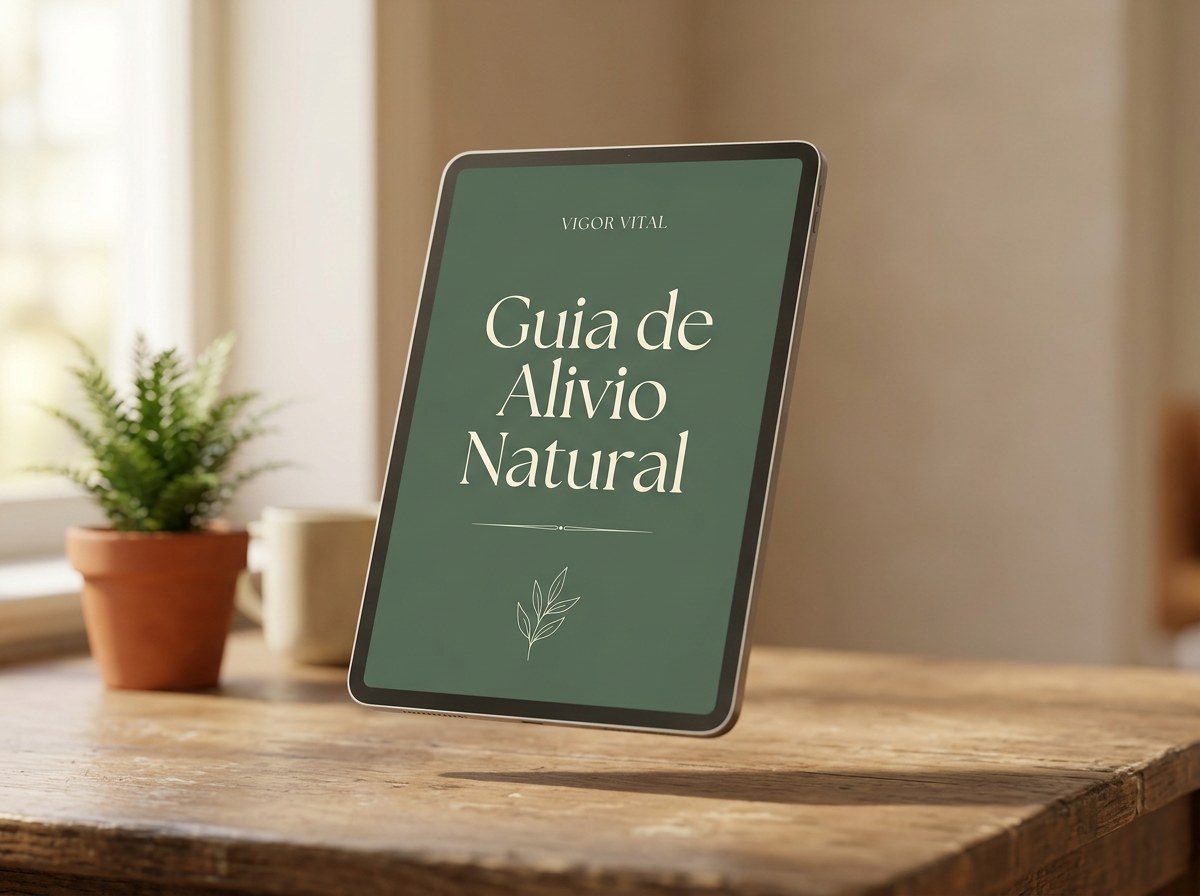 Tablet com a capa do Guia de Alívio Natural sobre uma mesa de madeira